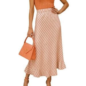 LOFT Women's Ruffle Hem Midi Girly Skirt Pink White Striped Pleated Size 12 New‎